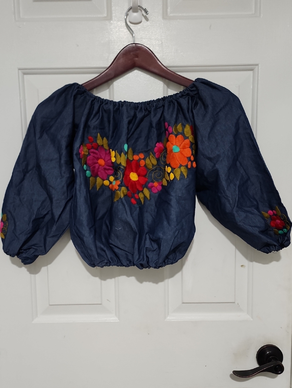 Navy Off-Shoulder Embroidered Peasant Crop Top - Bright Floral